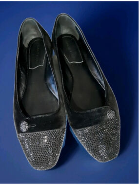 SARAH FLINT-Black Velvet-Crystal Embellishments-SACCHETTO Ballet Flats-Sz 39/8.5